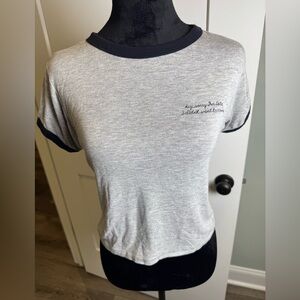 LA hearts sorry I’m late gray and black ringer crop top embroidered